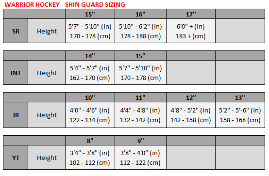 Hockey Equipment Size Chart